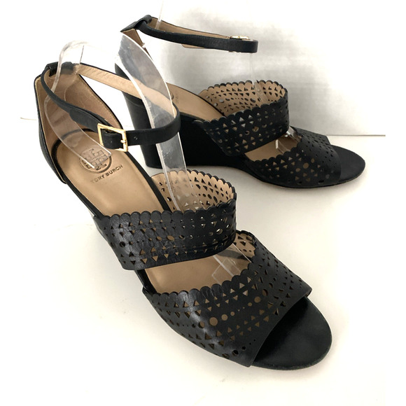 Tory Burch Perforated Gladiator Wedge Sandal Black Leather Laser Cut Open Toe 11 - Picture 3 of 7